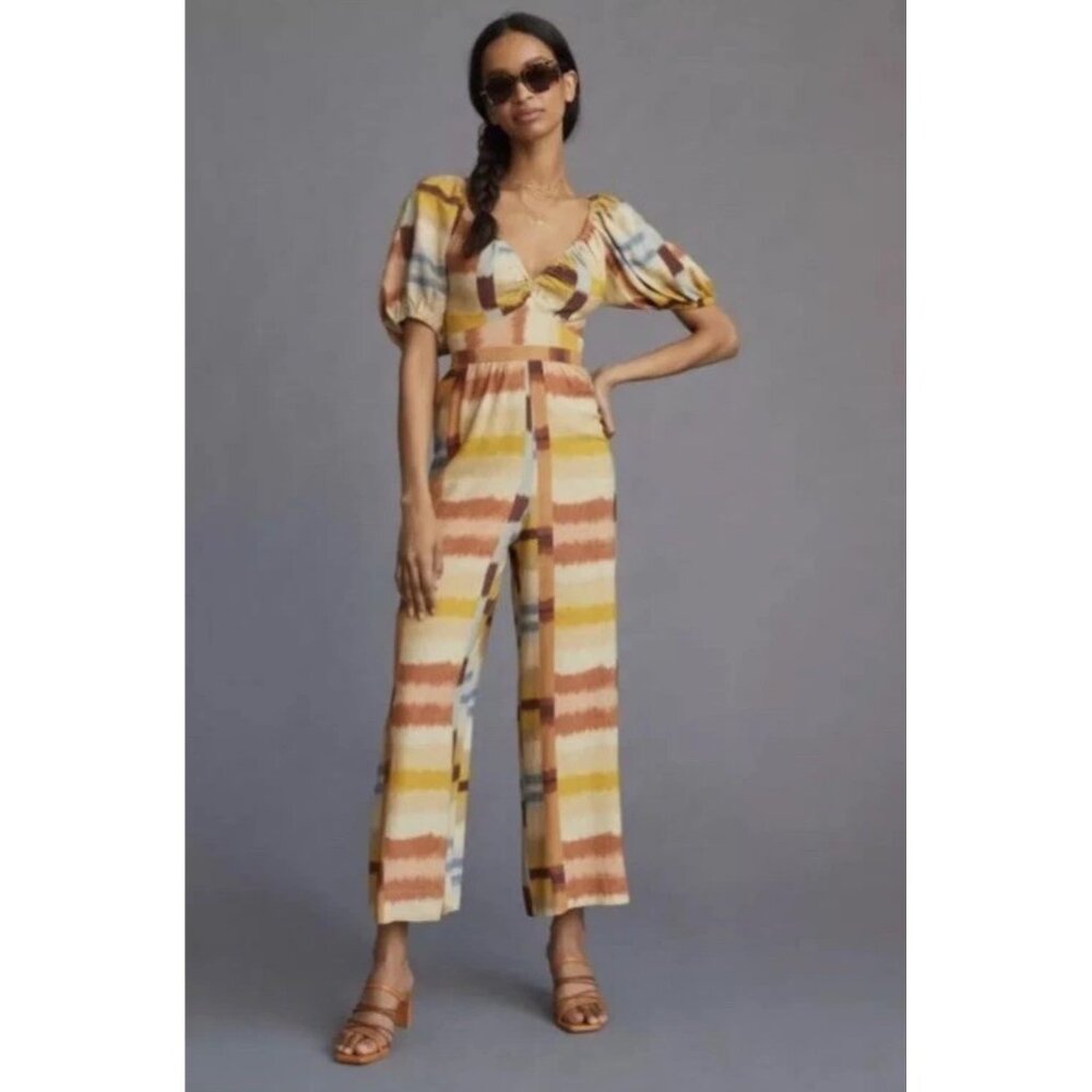 Anthropologie x Ranna Gill Jumpsuit Open Tie Back LinenFlax Blend Boho